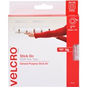 VELCRO BRAND STICKON HOOK ONLY TAPE STRIP 25MM X 5M WHITE